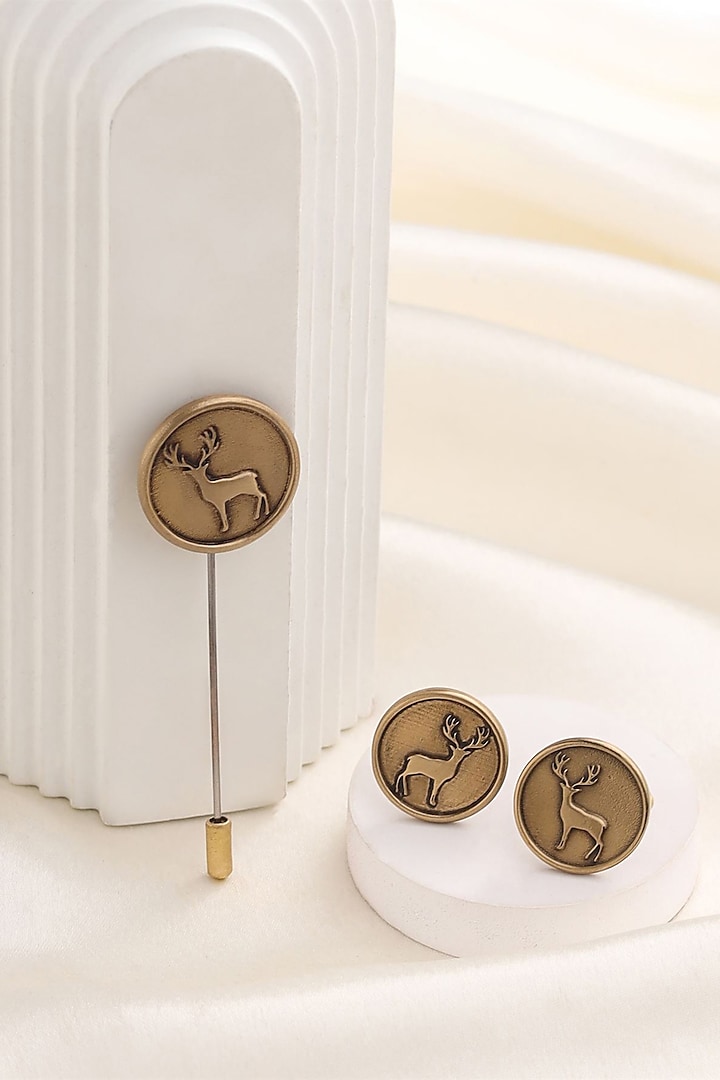 Antique Gold Brass Cufflink & Lapel Pin Set by Cosa Nostraa