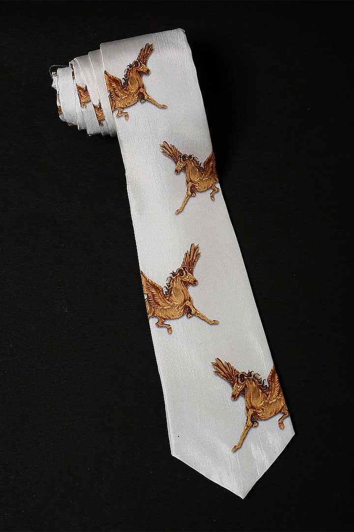White Silk Handmade Motifs Tie With Lapel Pin by Cosa Nostraa at Pernia's Pop Up Shop