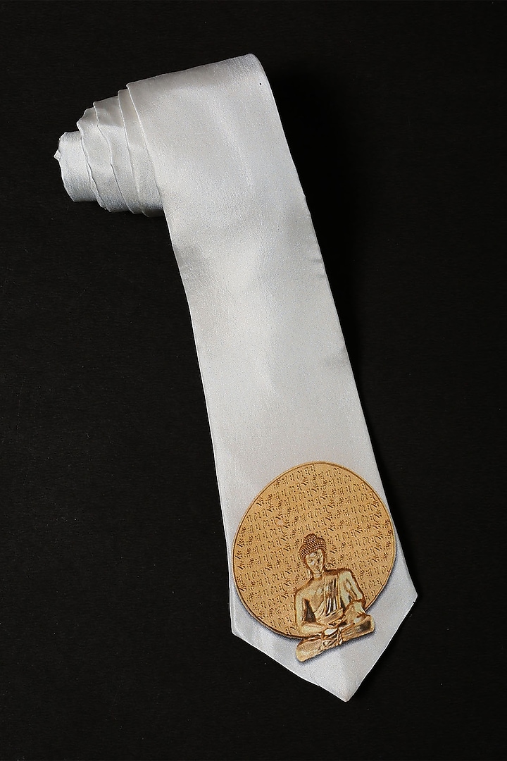 White Silk Printed Tie With Cufflinks by Cosa Nostraa at Pernia's Pop Up Shop