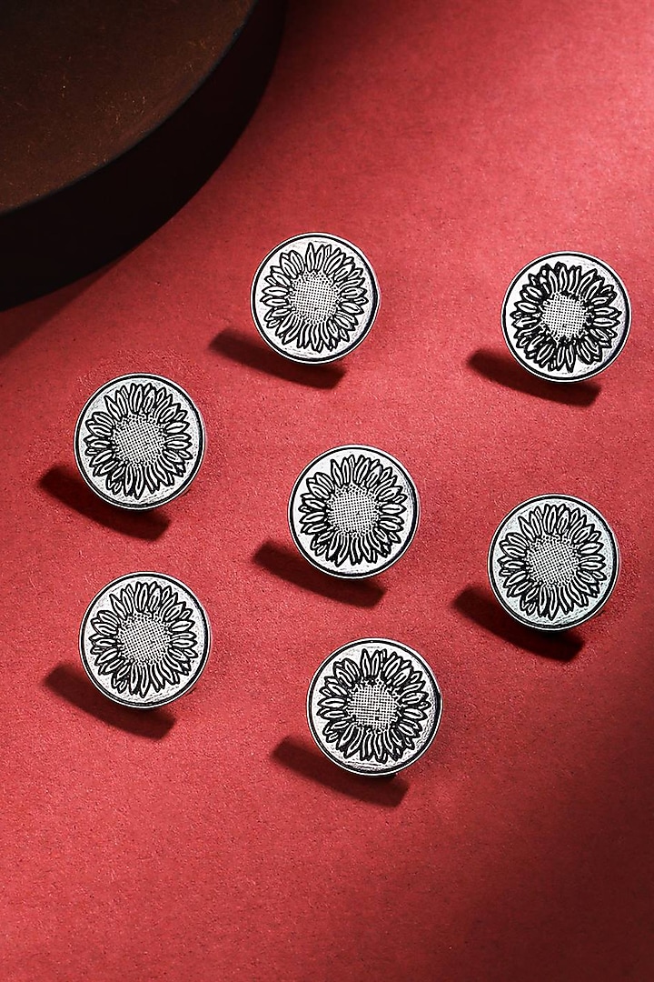 Silver Oxidised Sunflower Glitter Buttons (Set of 7) by Cosa Nostraa at Pernia's Pop Up Shop