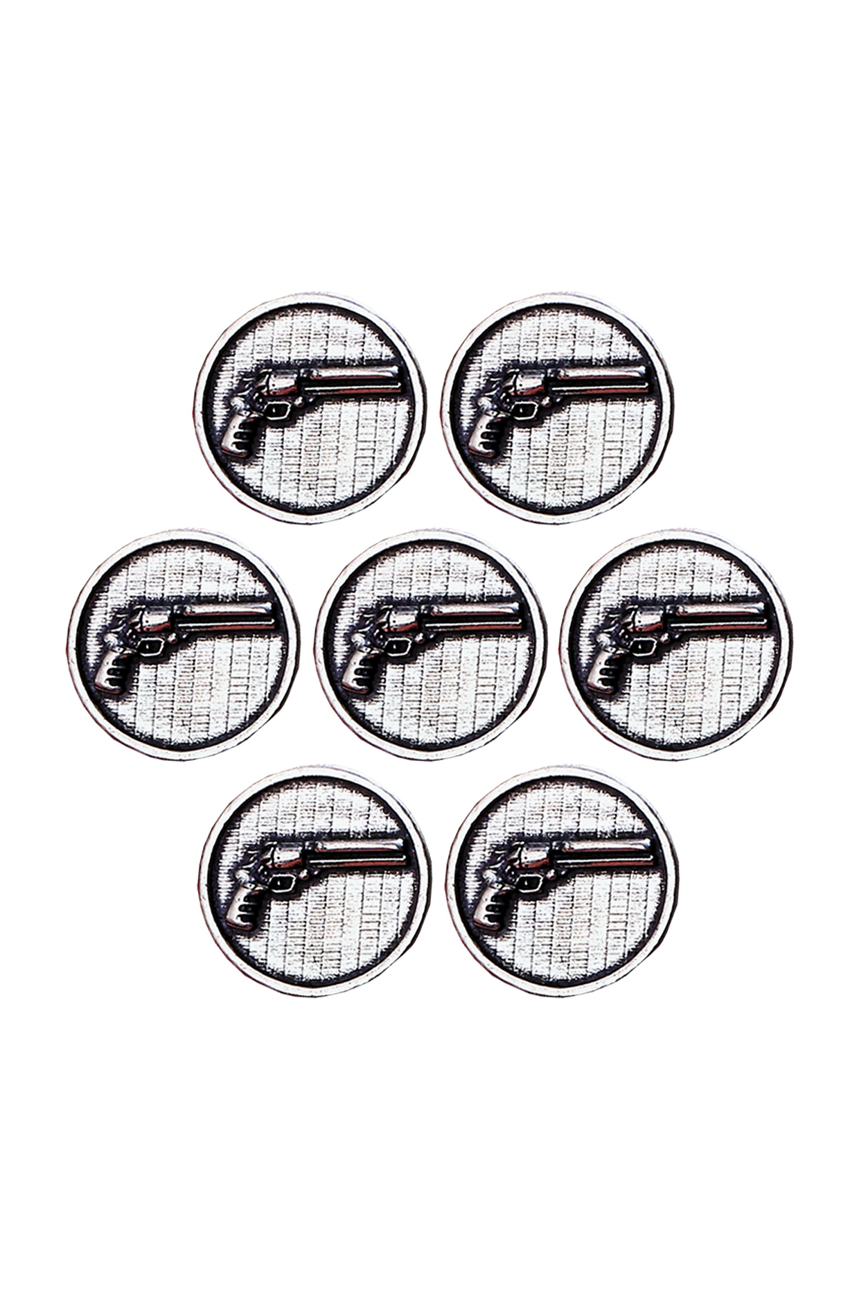 Silver Oxidise Power Gun Buttons (Set of 7) by Cosa Nostraa at Pernia's Pop Up Shop