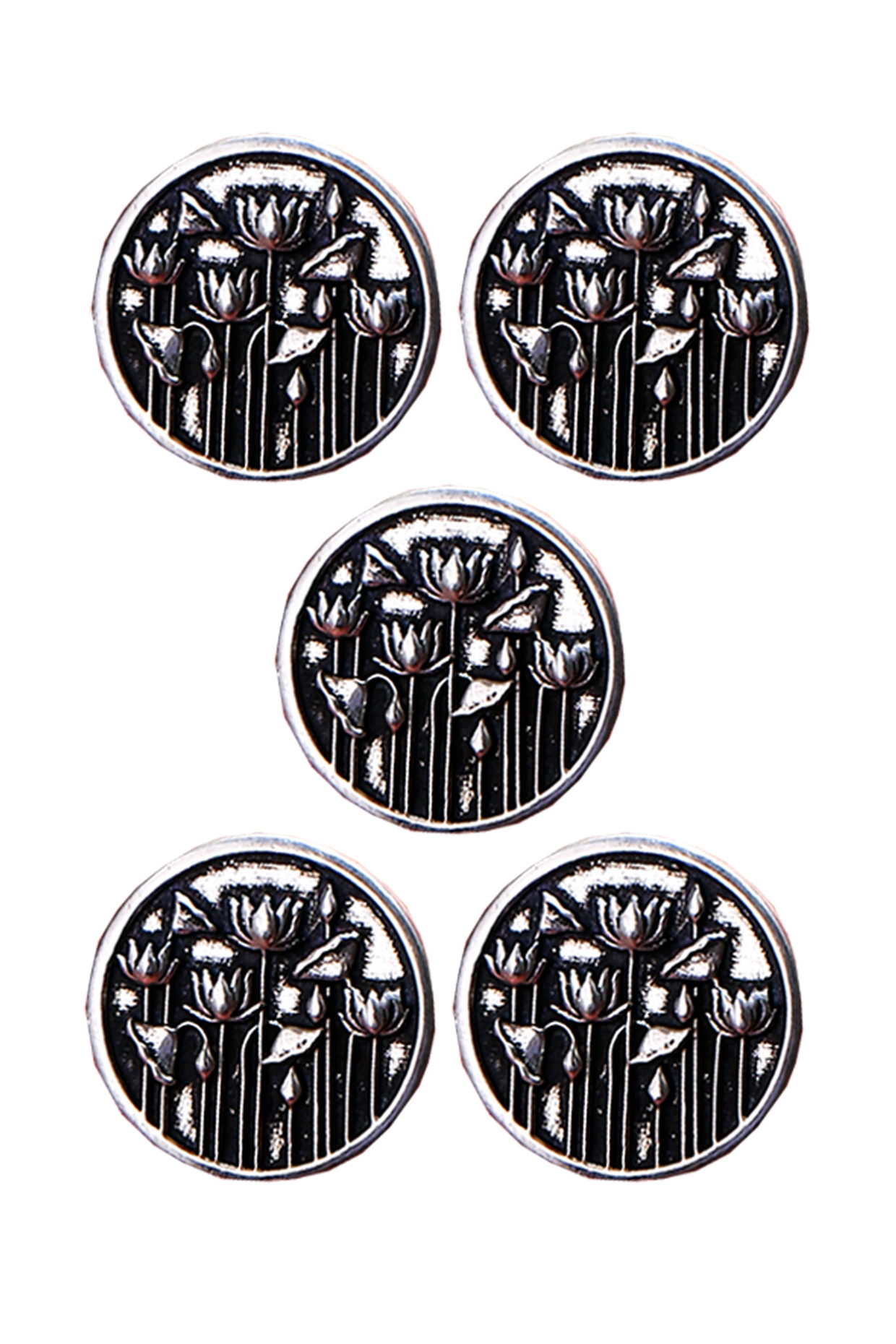 Silver Oxidised Lotus Garden Buttons (Set of 5) by Cosa Nostraa at Pernia's Pop Up Shop