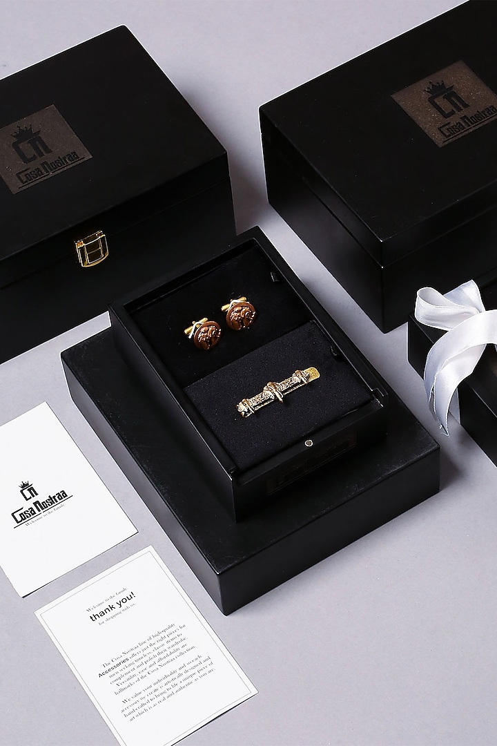 Antique Gold Finish Cufflinks With Tie Pin by Cosa Nostraa at Pernia's Pop Up Shop