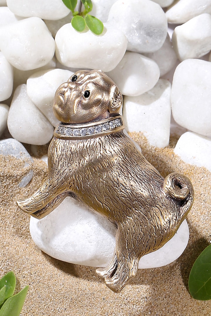 Antique Gold Finish Diamond Pug Brooch by Cosa Nostraa