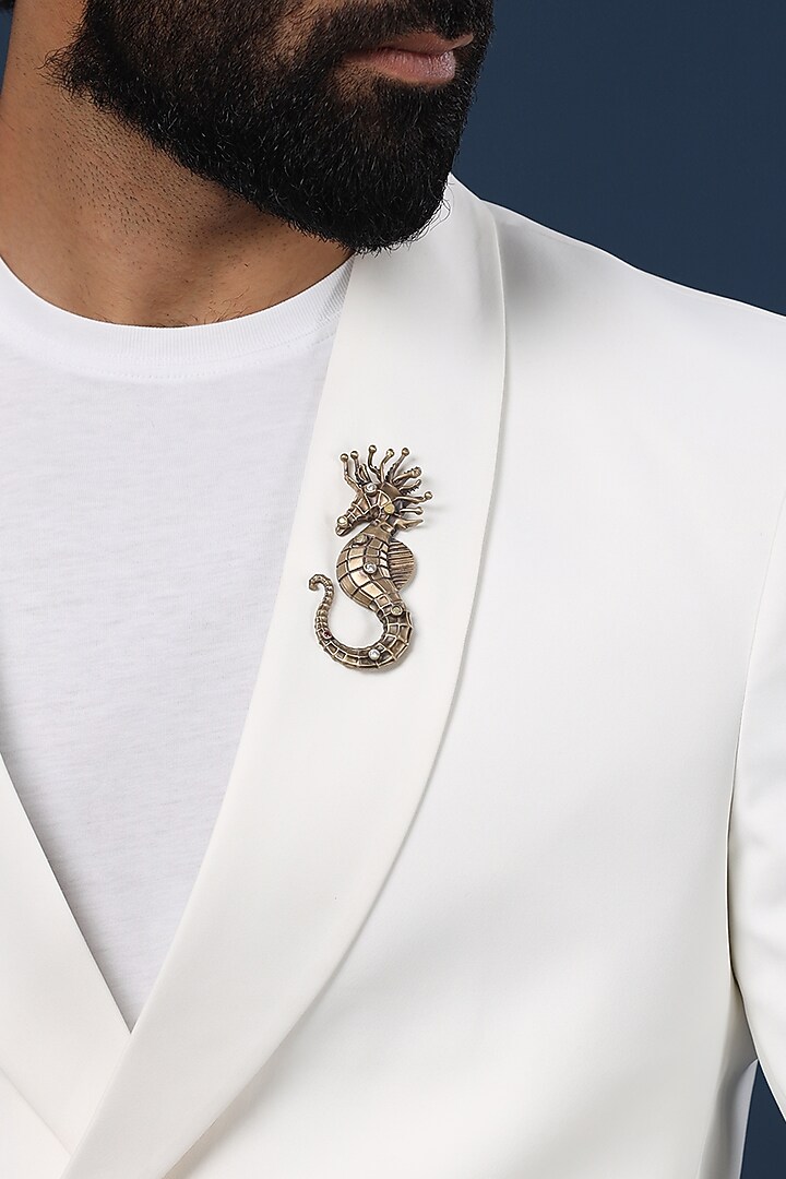 Antique Gold Finish Diamond Crowned Seahorse Brooch by Cosa Nostraa at Pernia's Pop Up Shop