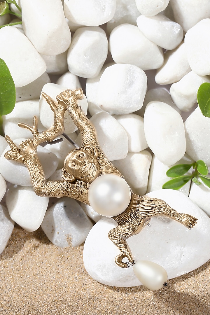 Antique Gold Finish Pearl Monkey Brooch by Cosa Nostraa