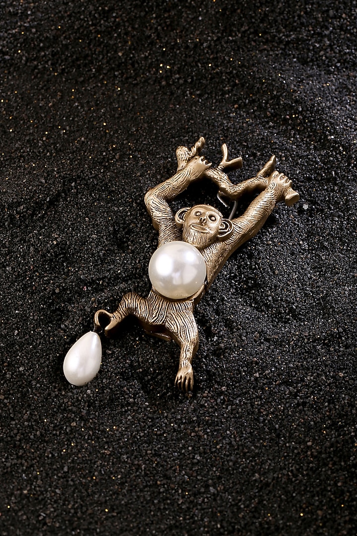 Antique Gold Finish Pearl Monkey Brooch by Cosa Nostraa at Pernia's Pop Up Shop