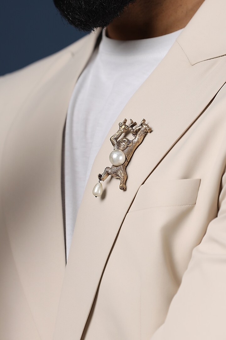 Antique Gold Finish Pearl Monkey Brooch by Cosa Nostraa at Pernia's Pop Up Shop