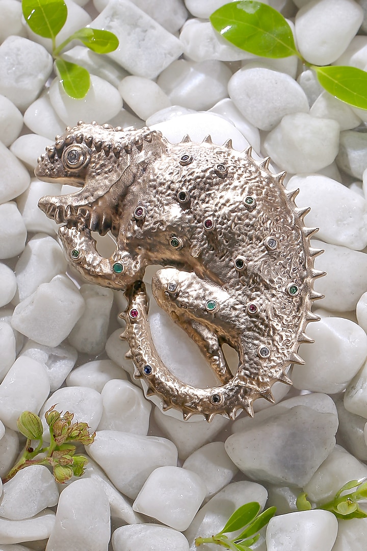 Antique Gold Finish Red & Green Diamonds Chameleon Brooch by Cosa Nostraa