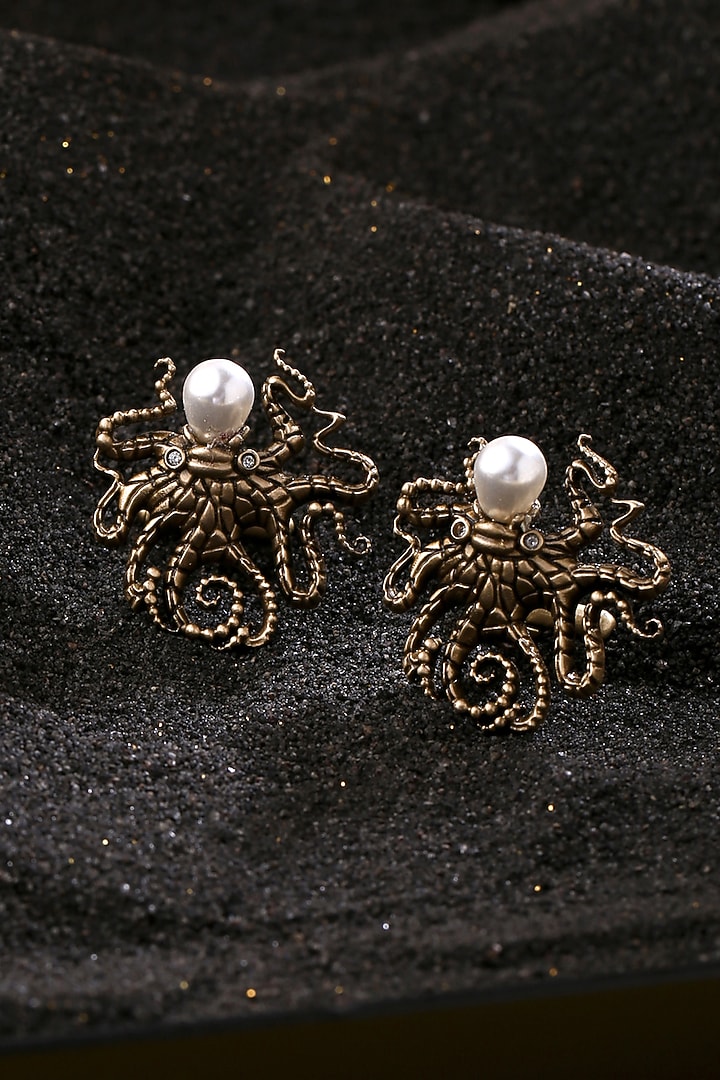 Antique Gold Finish Pearl Octopus Cufflinks (Set of 2) by Cosa Nostraa at Pernia's Pop Up Shop