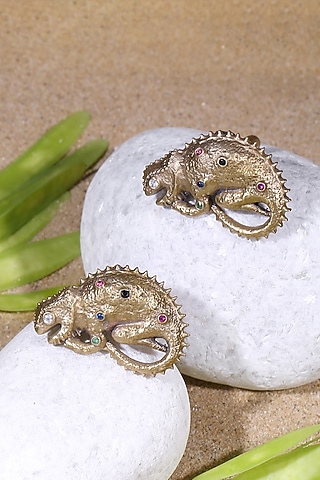 Antique Gold Finish Red & Green Stone Chameleon Cufflinks (Set of 2) by Cosa Nostraa