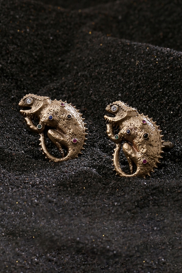 Antique Gold Finish Red & Green Stone Chameleon Cufflinks (Set of 2) by Cosa Nostraa at Pernia's Pop Up Shop