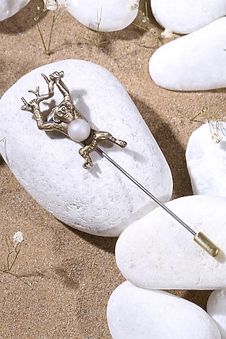 Antique Gold Finish Pearl Monkey Lapel Pin by Cosa Nostraa