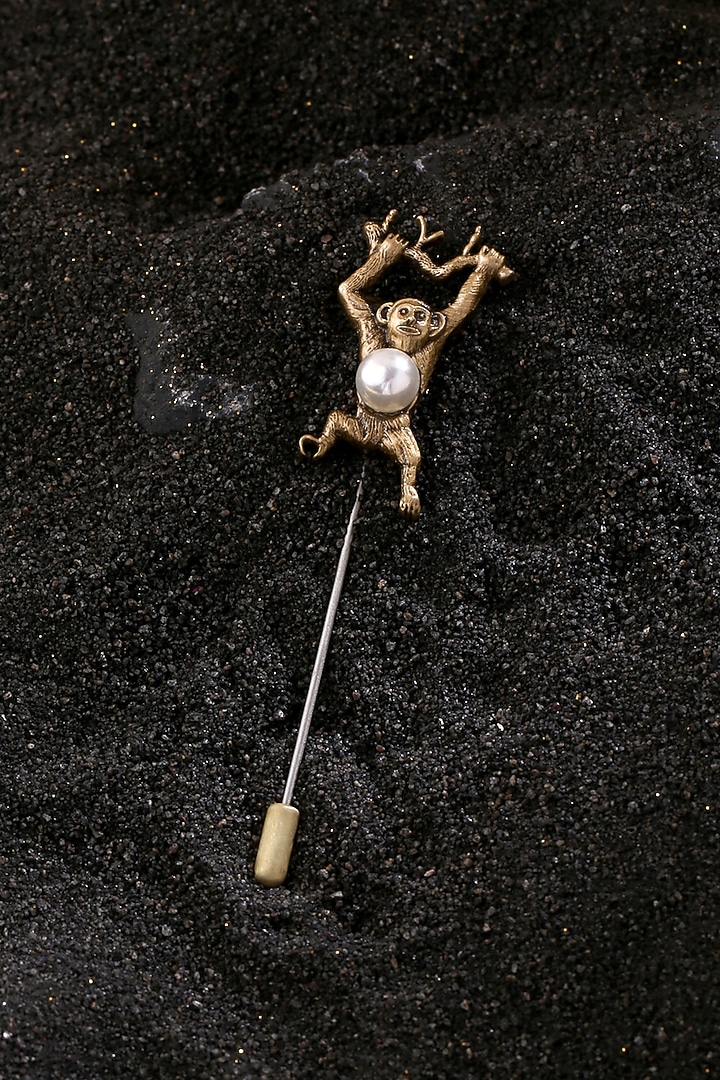 Antique Gold Finish Pearl Monkey Lapel Pin by Cosa Nostraa at Pernia's Pop Up Shop