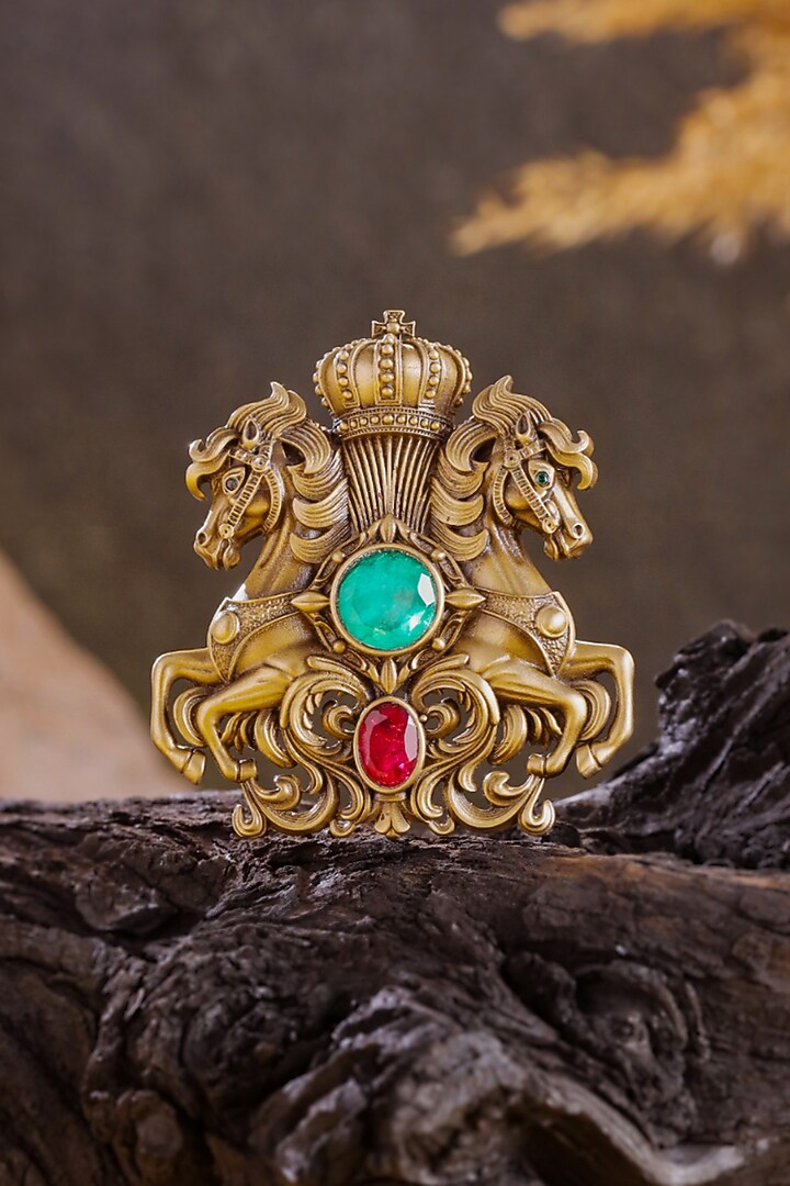 Antique Gold Crowned Stallion Red & Green Stone Brooch by Cosa Nostraa at Pernia's Pop Up Shop