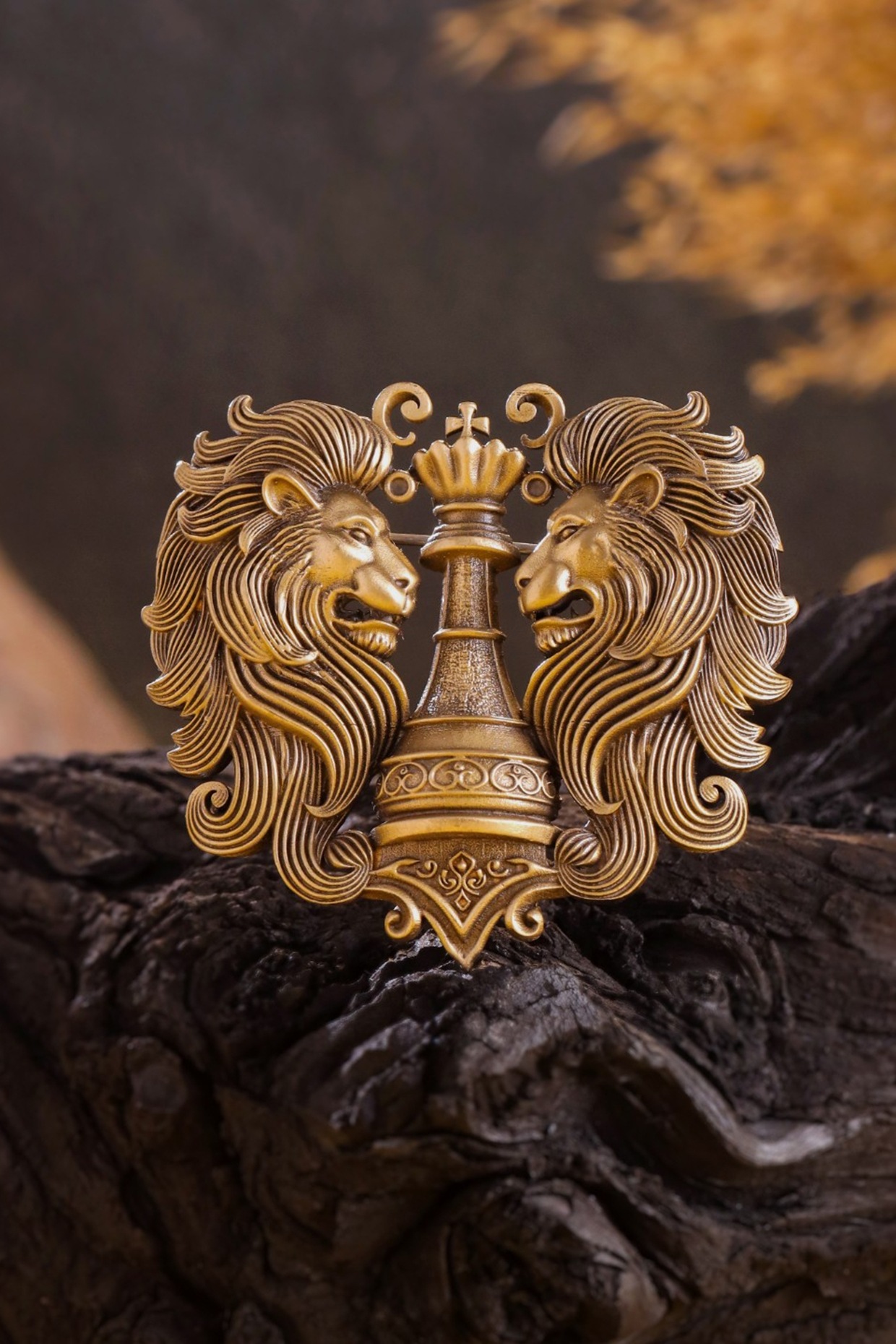 Antique Gold Twin Lion Crest Brooch by Cosa Nostraa at Pernia's