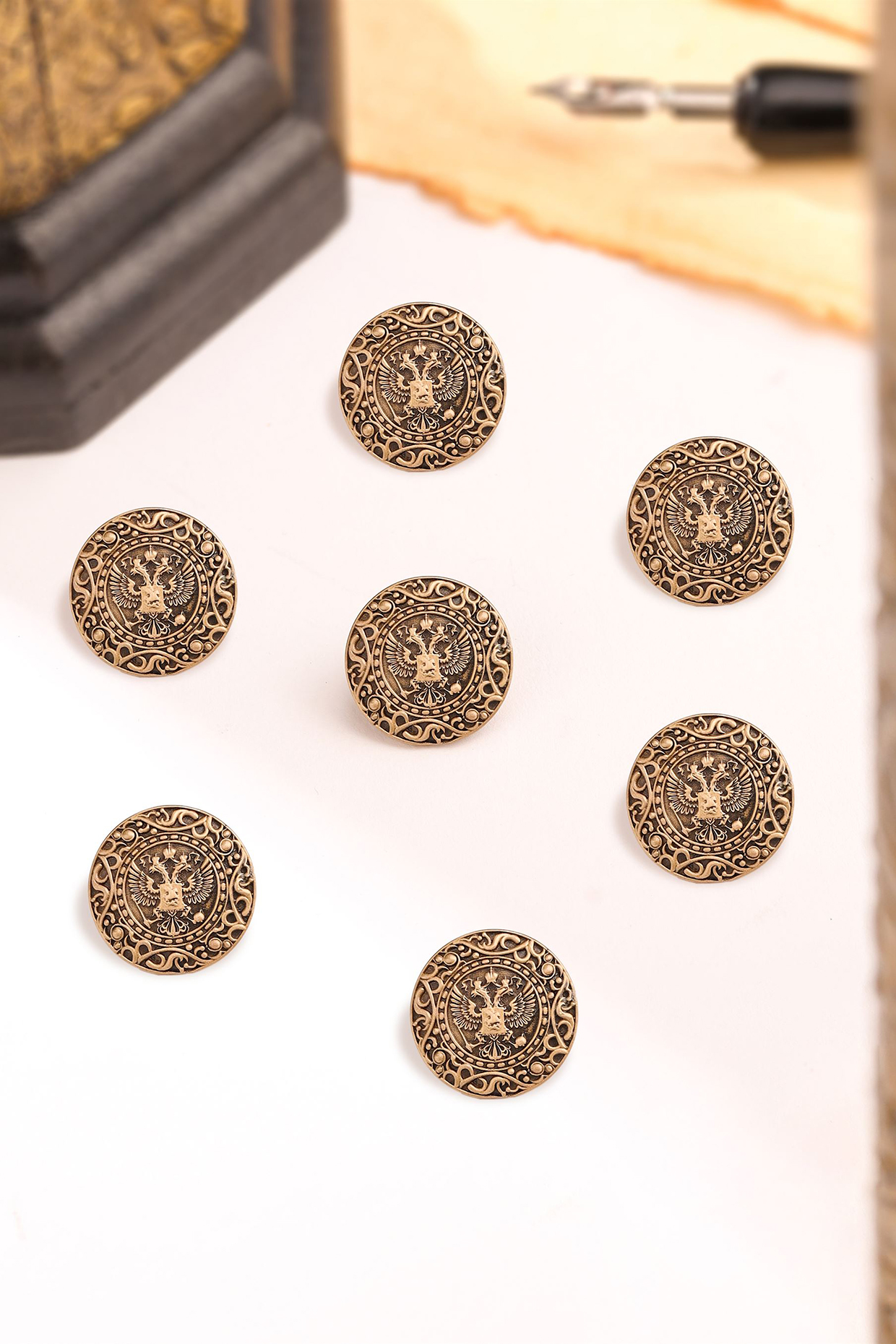 Antique Gold Abstract Phoenix Buttons (Set Of 7) by Cosa Nostraa at Pernia's Pop Up Shop