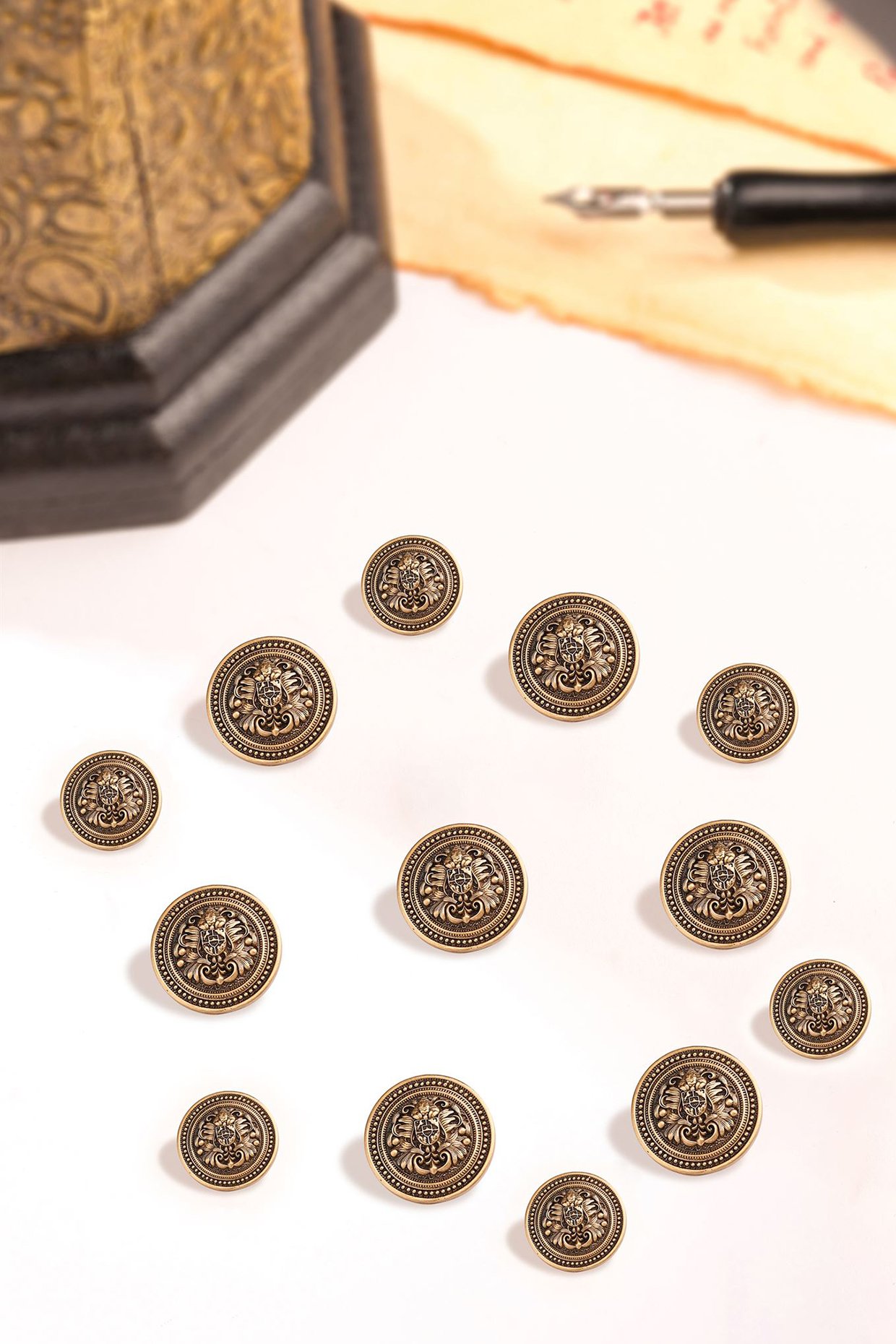 Antique Gold Coat Of Arm Buttons (Set Of 13) by Cosa Nostraa at Pernia's Pop Up Shop