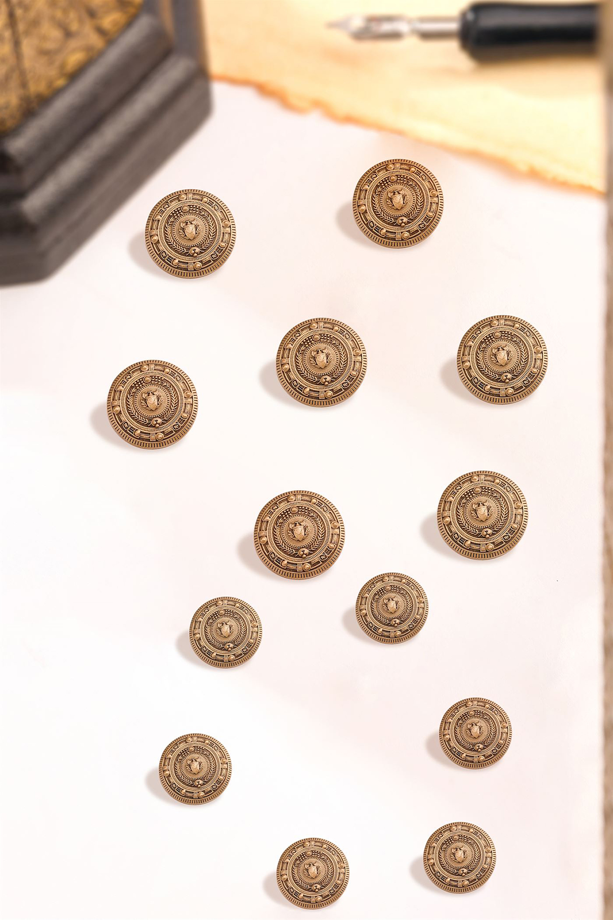 Antique Gold Iconic Shield Buttons (Set Of 13) by Cosa Nostraa at Pernia's Pop Up Shop