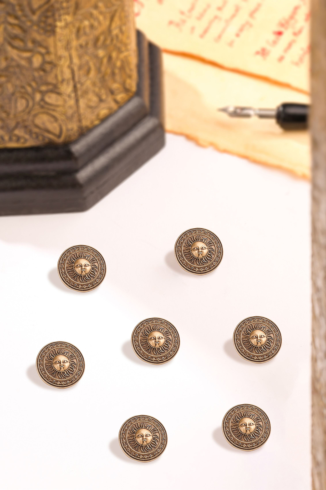Antique Gold Luminous Sun Buttons (Set Of 7) by Cosa Nostraa
