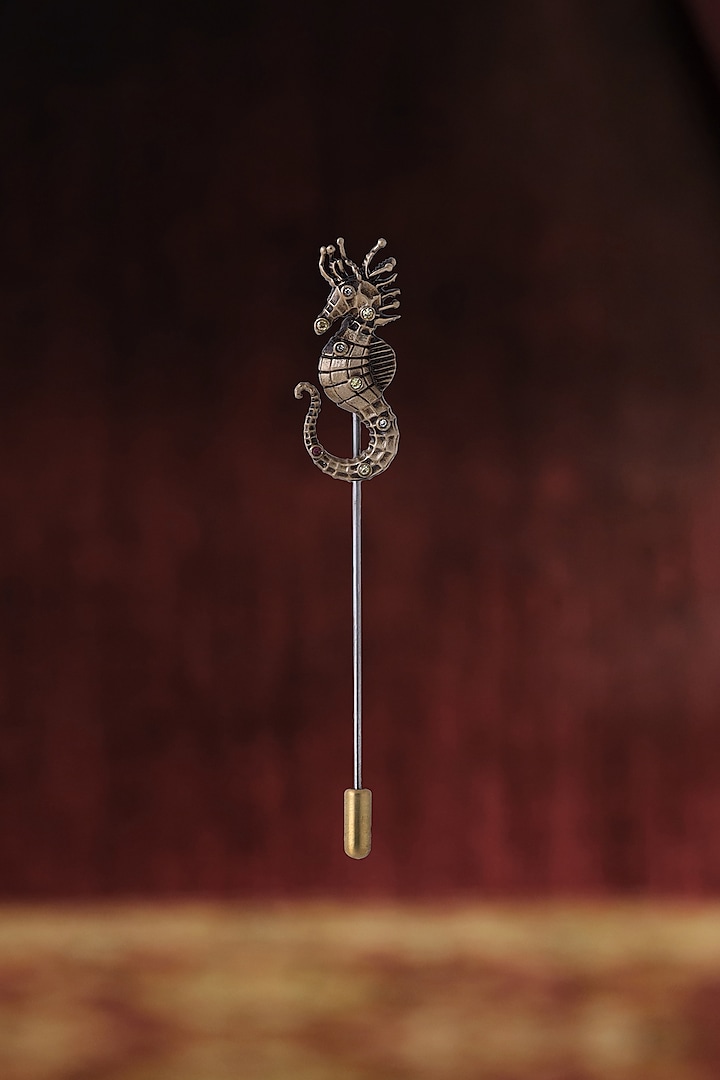 Antique Gold Diamond Handcrafted Crowned Seahorse Lapel Pin by Cosa Nostraa