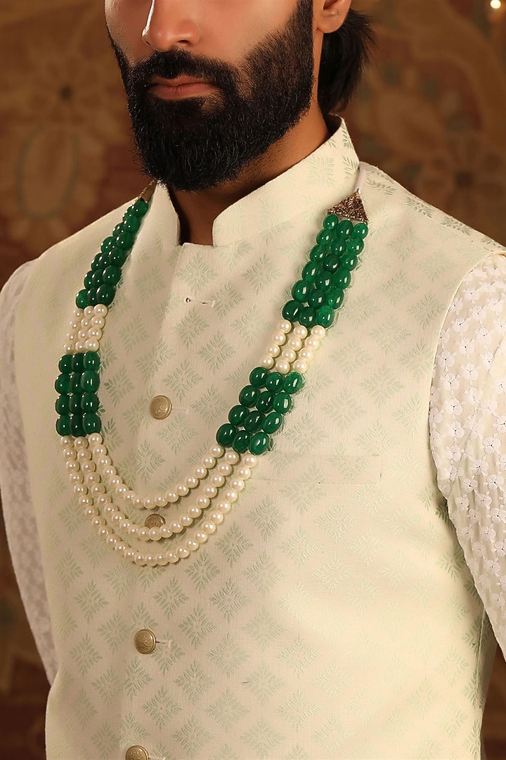 Green & White Aventurine Beaded Layered Mala by Cosa Nostraa at Pernia's Pop Up Shop