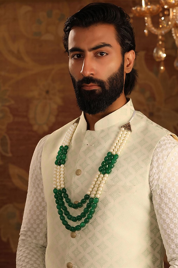 White & Green Howlite Beaded Layered Mala by Cosa Nostraa at Pernia's Pop Up Shop
