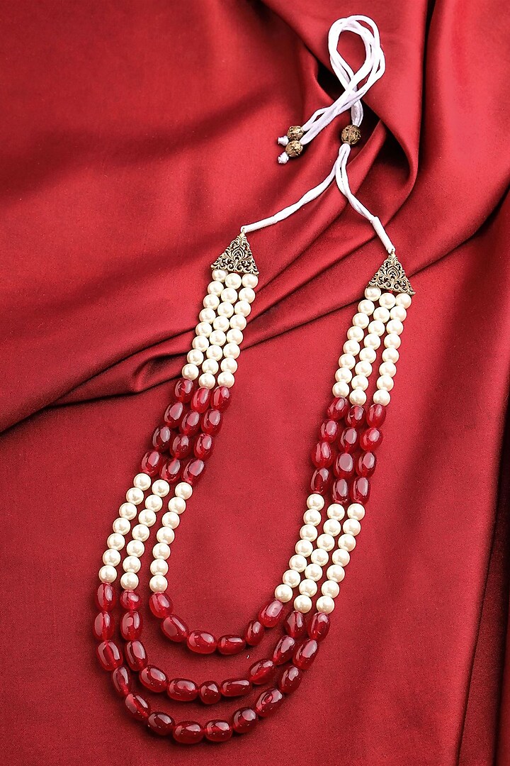 White & Maroon Garnet Beaded Layered Mala by Cosa Nostraa at Pernia's Pop Up Shop