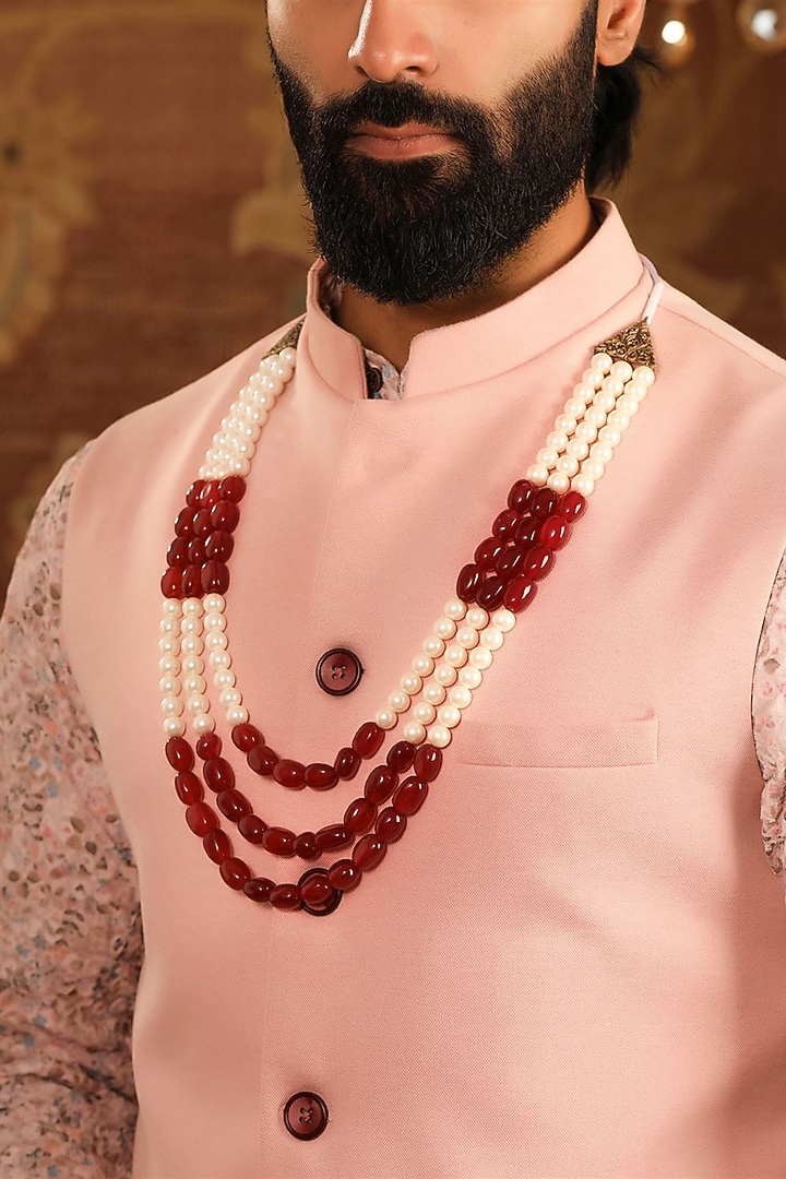 White & Maroon Garnet Beaded Layered Mala by Cosa Nostraa at Pernia's Pop Up Shop