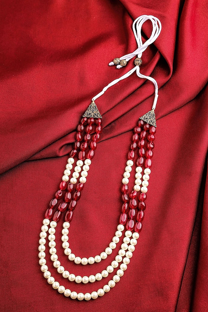 White & Maroon Beaded Layered Mala by Cosa Nostraa at Pernia's Pop Up Shop