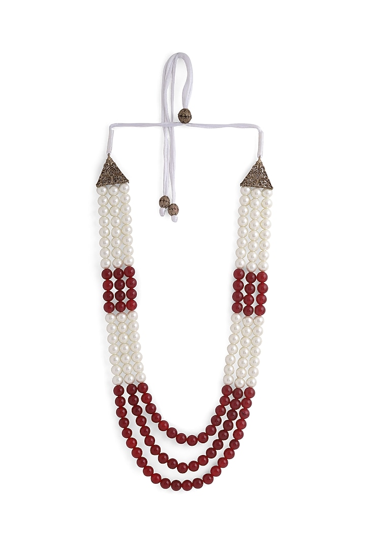 White & Maroon Rose Quartz Beaded Layered Mala by Cosa Nostraa at Pernia's Pop Up Shop