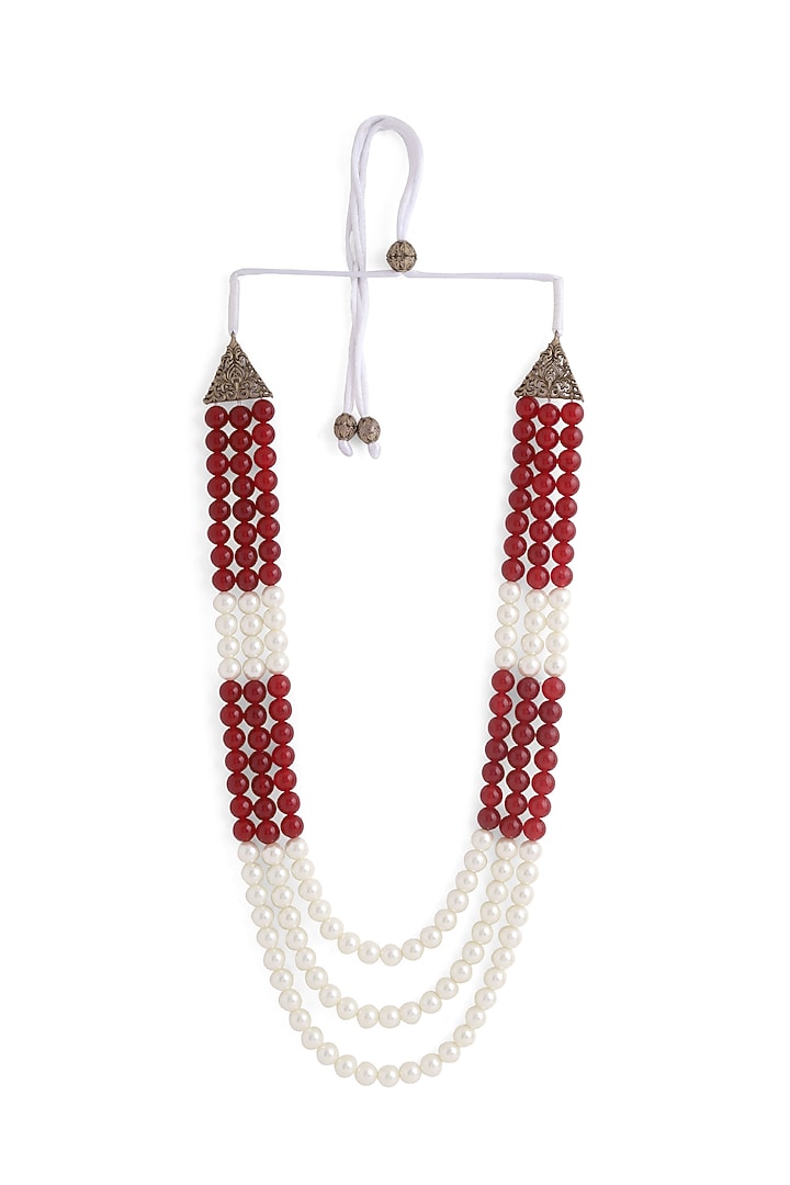 White & Maroon Rose Quartz Beaded Layered Mala by Cosa Nostraa at Pernia's Pop Up Shop