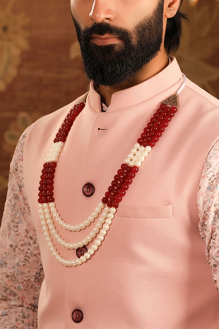 White & Maroon Rose Quartz Beaded Layered Mala by Cosa Nostraa at Pernia's Pop Up Shop