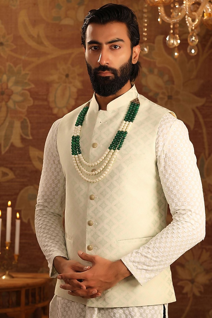 White & Green Jade Beaded Layered Mala by Cosa Nostraa at Pernia's Pop Up Shop