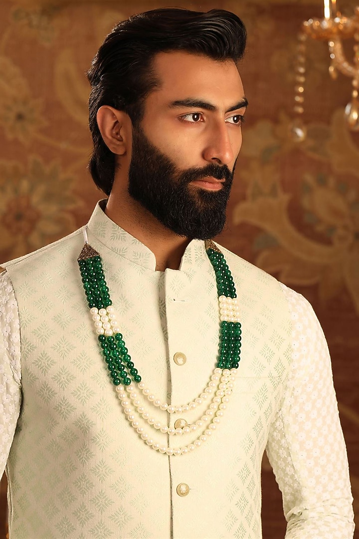 White & Green Jade Beaded Layered Mala by Cosa Nostraa at Pernia's Pop Up Shop