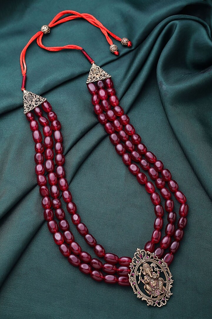 Red Sandalwood Beaded Layered Ganesh Mala by Cosa Nostraa at Pernia's Pop Up Shop