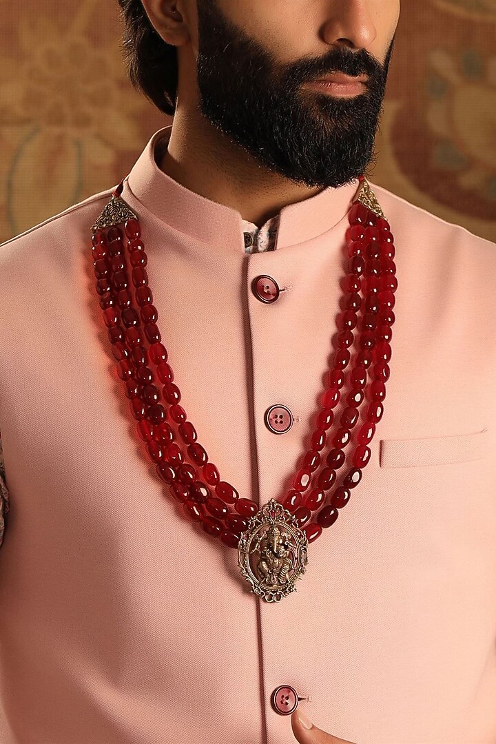 Red Sandalwood Beaded Layered Ganesh Mala by Cosa Nostraa at Pernia's Pop Up Shop