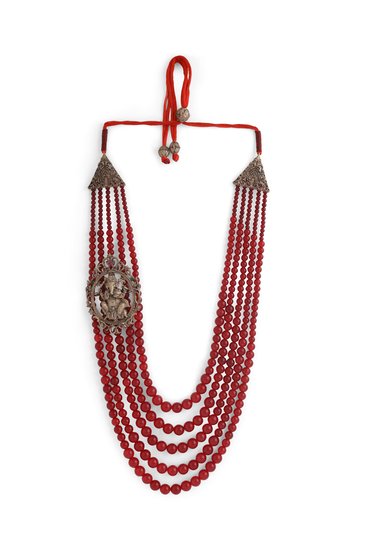 Red Rudraksha Beaded Layered Ganesh Mala by Cosa Nostraa at Pernia's Pop Up Shop