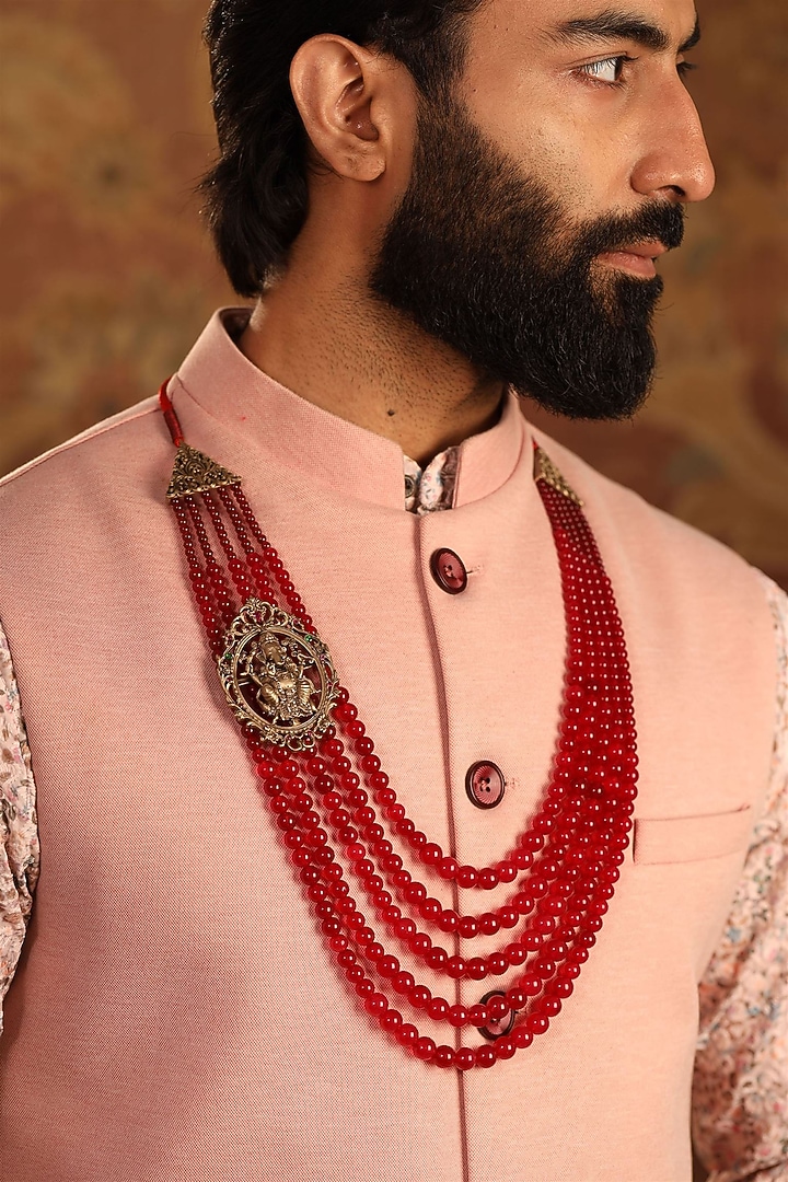 Red Rudraksha Beaded Layered Ganesh Mala by Cosa Nostraa at Pernia's Pop Up Shop