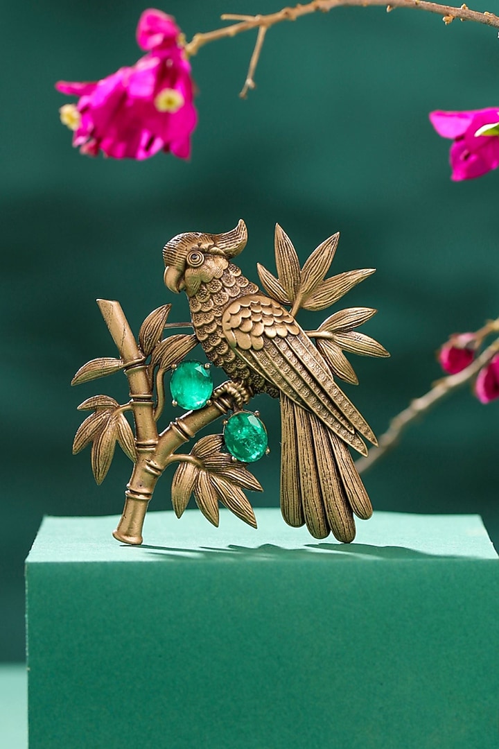 Antique Gold Emerald Green Stone Parrot Brooch by Cosa Nostraa at Pernia's Pop Up Shop