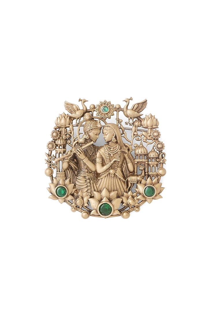 Antique Gold Green Stone Radha Krishna Leela Brooch by Cosa Nostraa at Pernia's Pop Up Shop