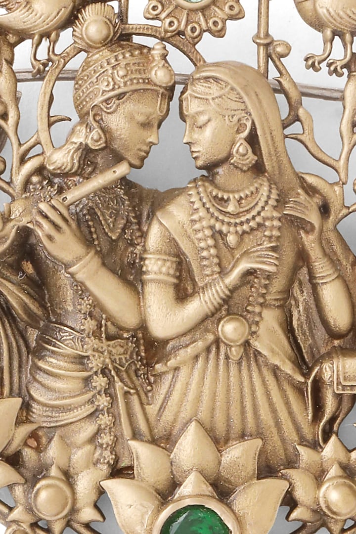 Antique Gold Green Stone Radha Krishna Leela Brooch by Cosa Nostraa at Pernia's Pop Up Shop