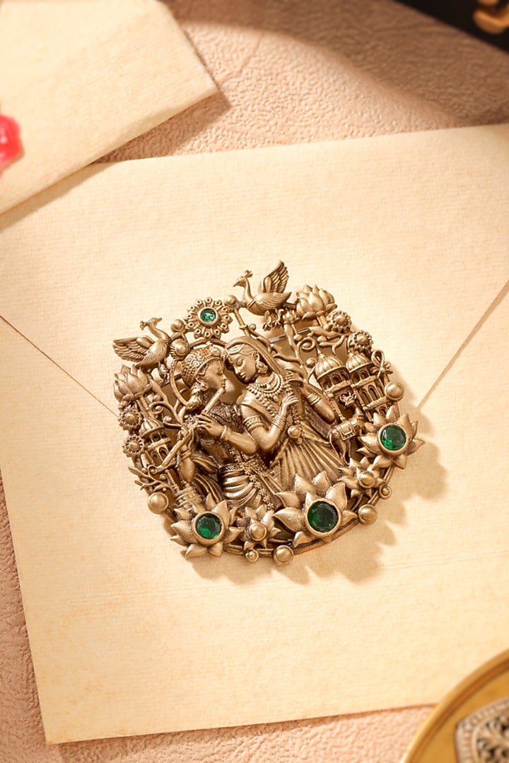 Antique Gold Green Stone Radha Krishna Leela Brooch by Cosa Nostraa at Pernia's Pop Up Shop