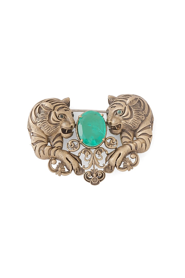 Antique Gold Emerald Green Stone Twin Tiger Brooch by Cosa Nostraa at Pernia's Pop Up Shop