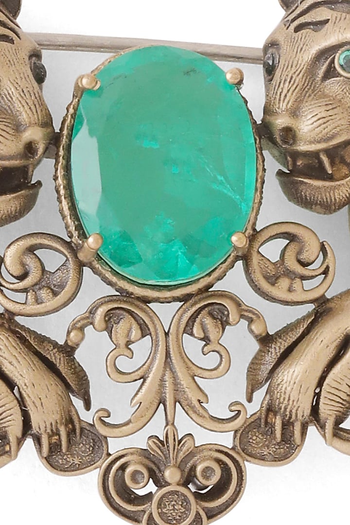 Antique Gold Emerald Green Stone Twin Tiger Brooch by Cosa Nostraa at Pernia's Pop Up Shop