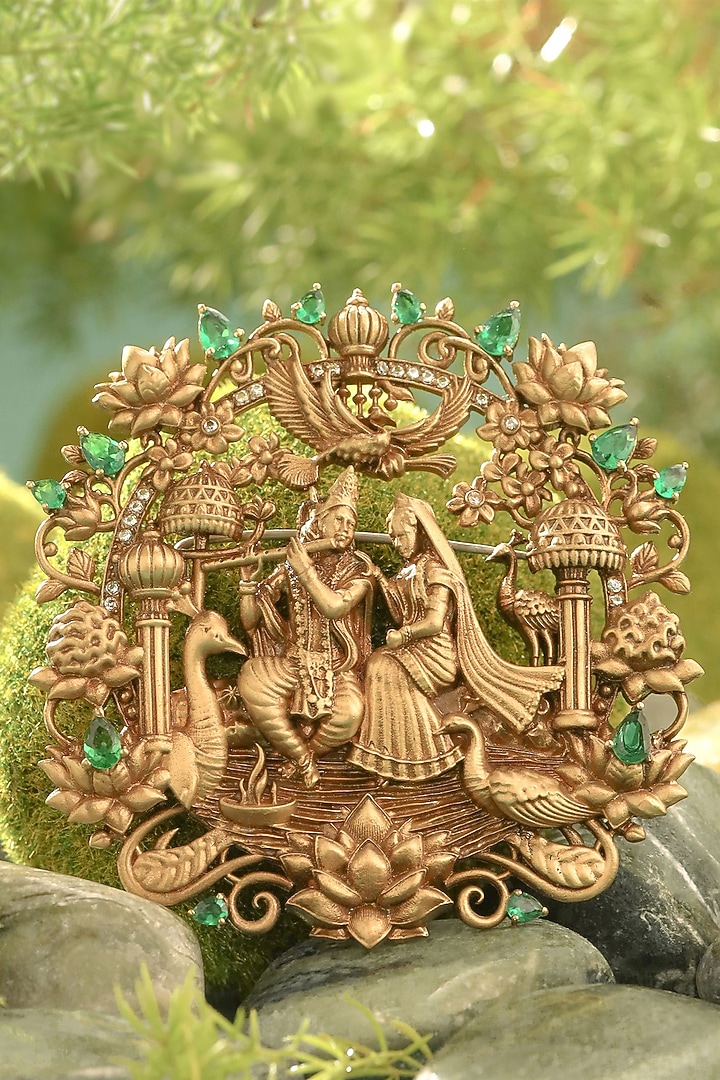 Oxidised Antique Gold Green Gemstone Radha-Krishna Brooch by Cosa Nostraa at Pernia's Pop Up Shop