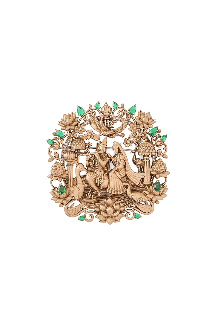 Oxidised Antique Gold Green Gemstone Radha-Krishna Brooch by Cosa Nostraa at Pernia's Pop Up Shop