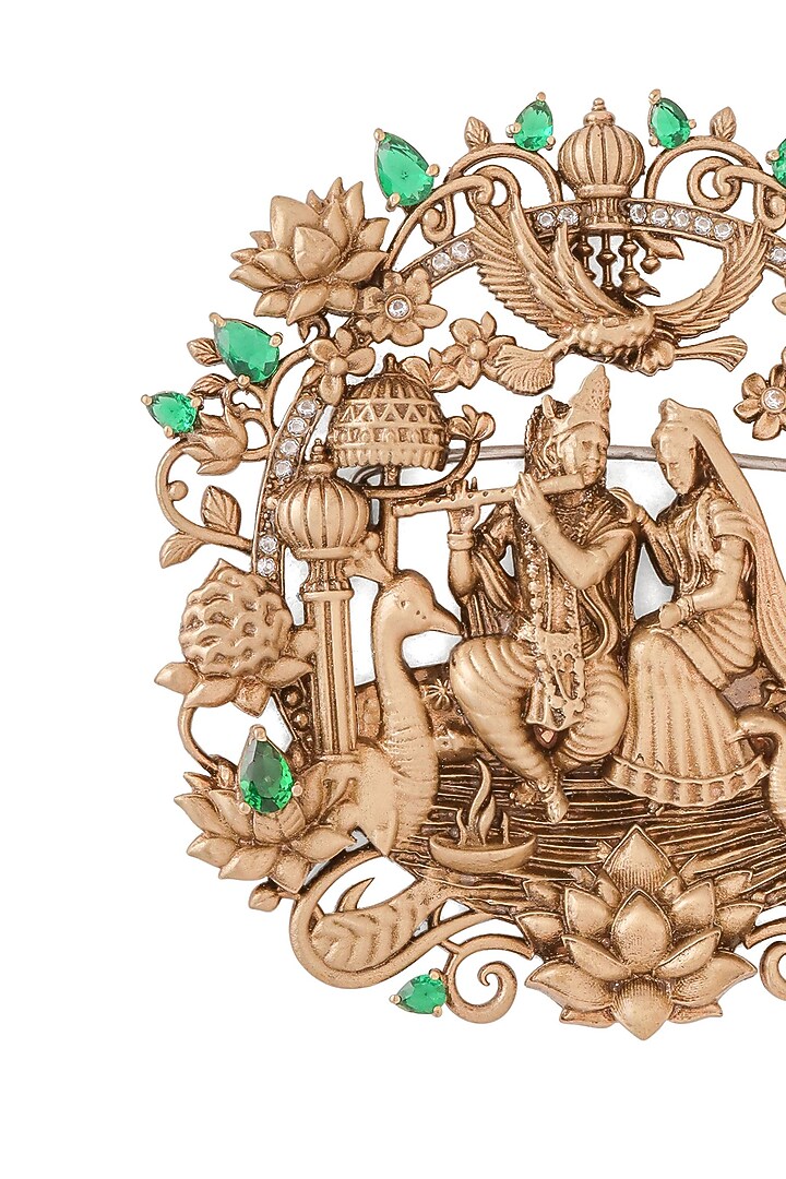 Oxidised Antique Gold Green Gemstone Radha-Krishna Brooch by Cosa Nostraa at Pernia's Pop Up Shop