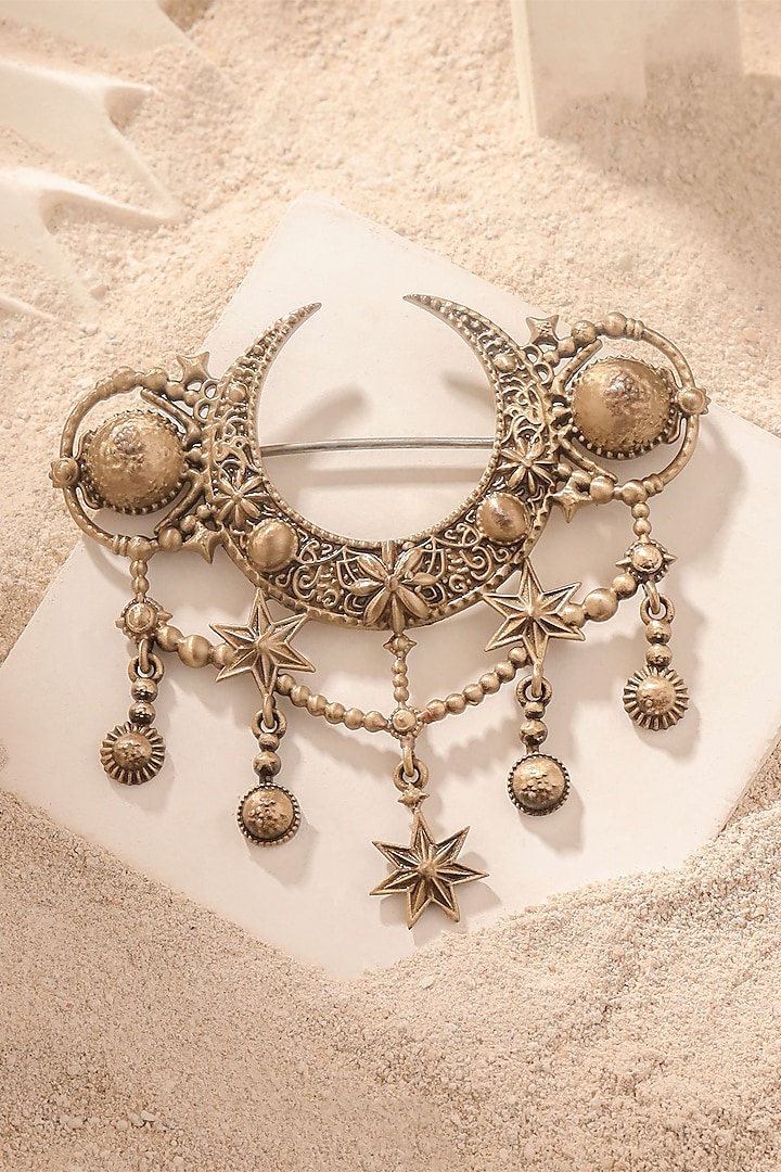 Oxidised Antique Gold Celestial Radiance Crescent Brooch by Cosa Nostraa at Pernia's Pop Up Shop