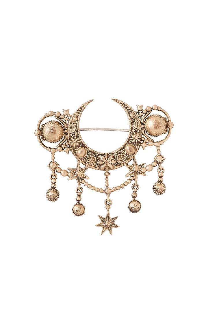 Oxidised Antique Gold Celestial Radiance Crescent Brooch by Cosa Nostraa at Pernia's Pop Up Shop